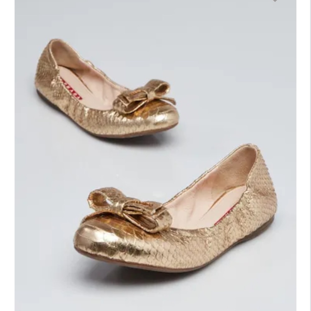Shoes Prada Gold Snakeskin Elastic Bow Ballet Flats